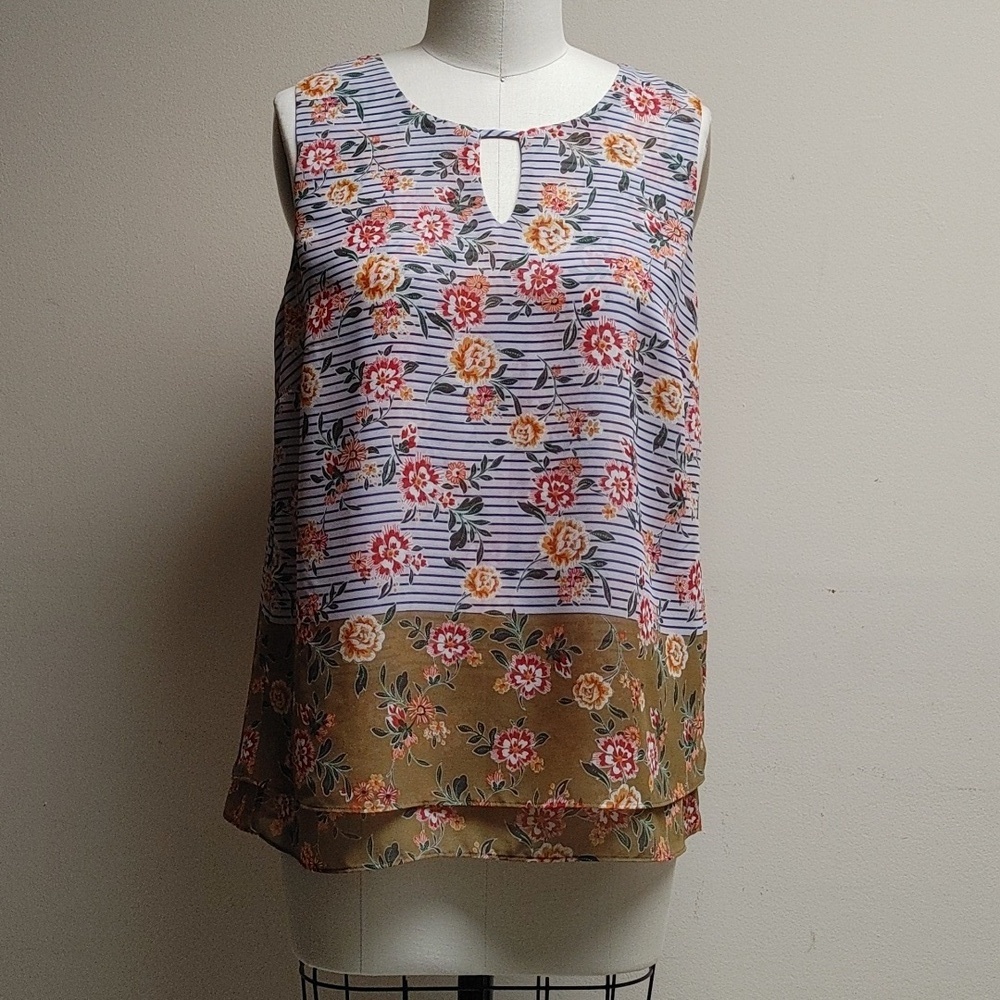 Cabi Chiffon Summer Top Stripes & Flowers Size Medium